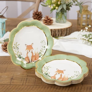 Woodland Dessert Paper Plates - Set of 16 - 7" Green Rustic Animals Baby Shower Tableware - MW37013