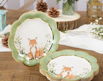 Woodland Dessert Paper Plates - Set of 16 - 7" Green Rustic Animals Baby Shower Tableware - MW37013