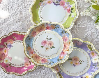 Floral Dessert Plates - Set of 16 - 7" Assorted Pink Green Blue Lavender - Bridal Shower Baby Shower Tea Party Birthday Party - MW37107