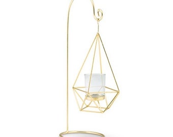 Gold Hanging Lanterns - 15" Tall - Set of 12 - Geometric Wedding Candle Centerpiece Table Decor Decorations - MW27038