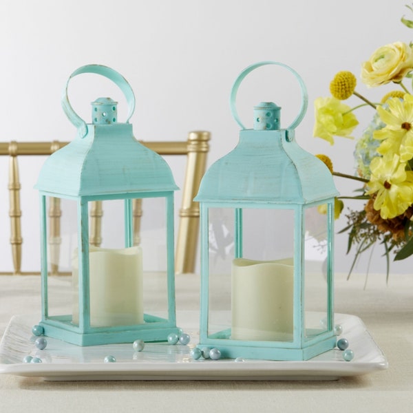 Blue Wedding Lanterns - 9" Tall - Plastic LED Antique Vintage Theme Reception Centerpiece Table Decoration - MW37066