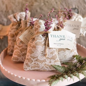 Burlap Lace Bags - Set of 12 - Rustic Wedding Favor Bags Bridal Shower Party Favors - Drawstring Candy Bags - MW25756