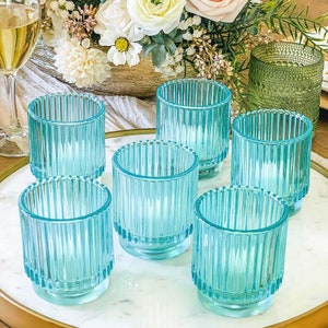 Blue Candle Holders - Set of 6 - Ribbed Glass Tealight Holder Wedding Reception Decor - MW37127