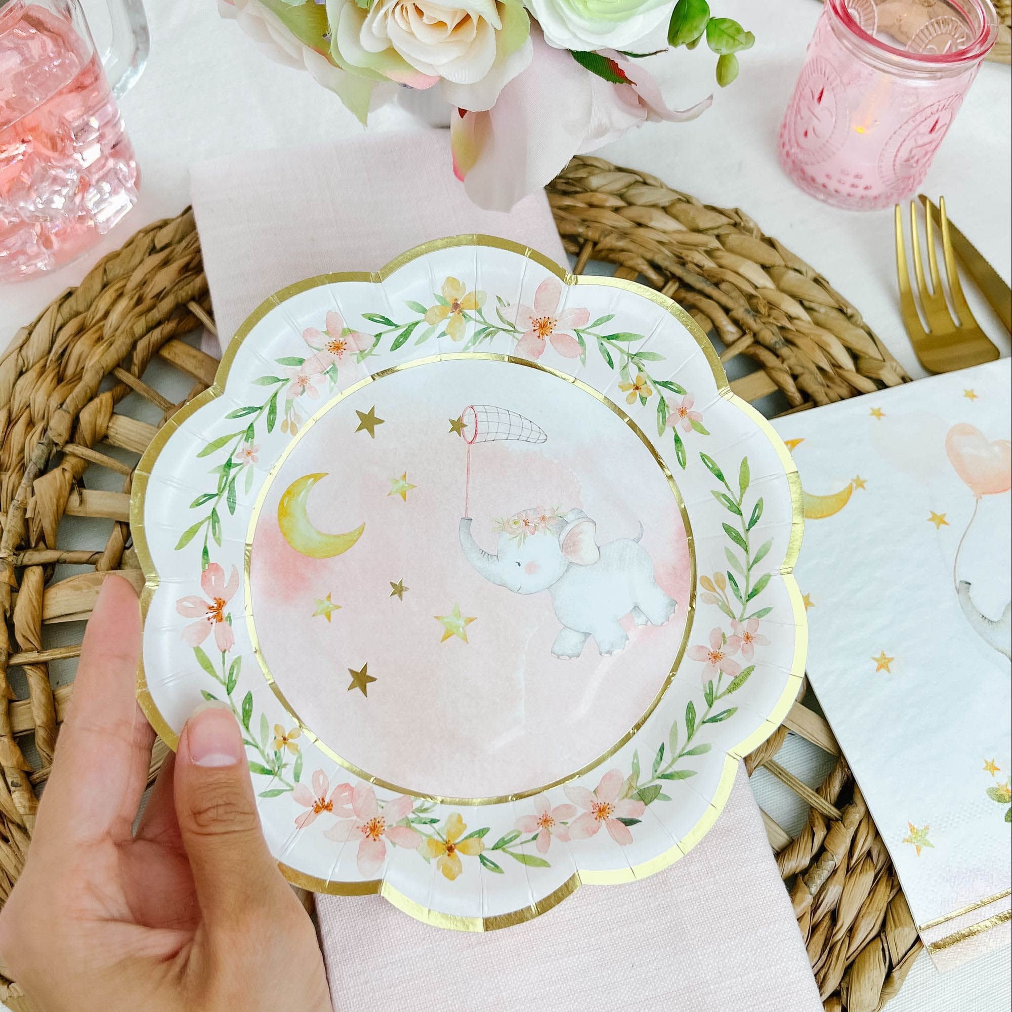 Pink Elephant Plates Set of 16 7 Dessert Size Baby Shower or Birthday Party Tableware MW37124