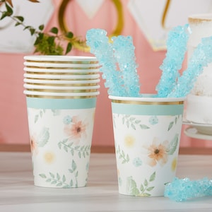 Floral Paper Cups - Set of 16 - Pink Mint Green Gold Bridal Shower Birthday Party Paper Cups - Reception Luncheon Dinner - MW36955