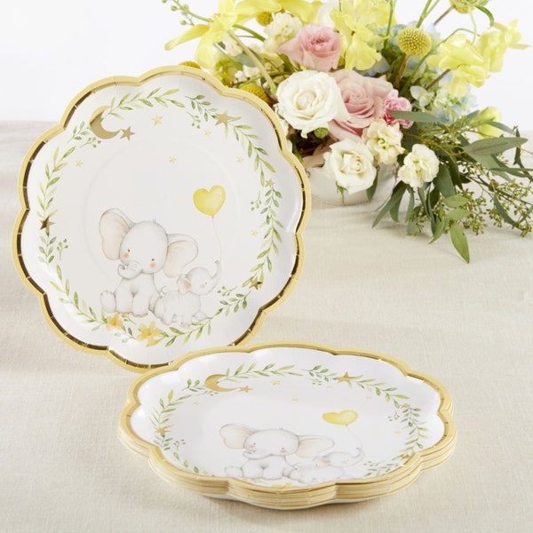 Yellow Elephant Plates - Set of 16 - 9" Baby Shower or Birthday Party Plates Tableware - MW37044