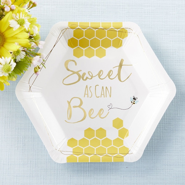 Baby Shower Dessert Plates - Set of 16 - 7" Sweet as Can Bee Yellow Gold Tableware - MW37033