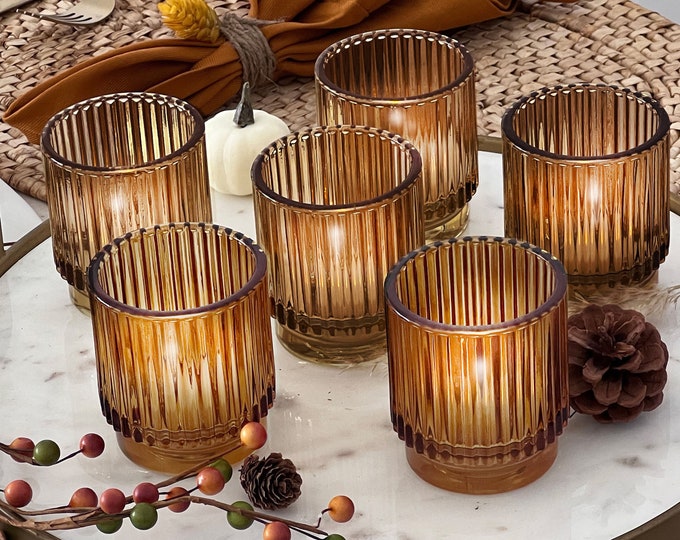 Amber Candle Holders Set of 6 Ribbed Glass Tealight Holder Wedding
