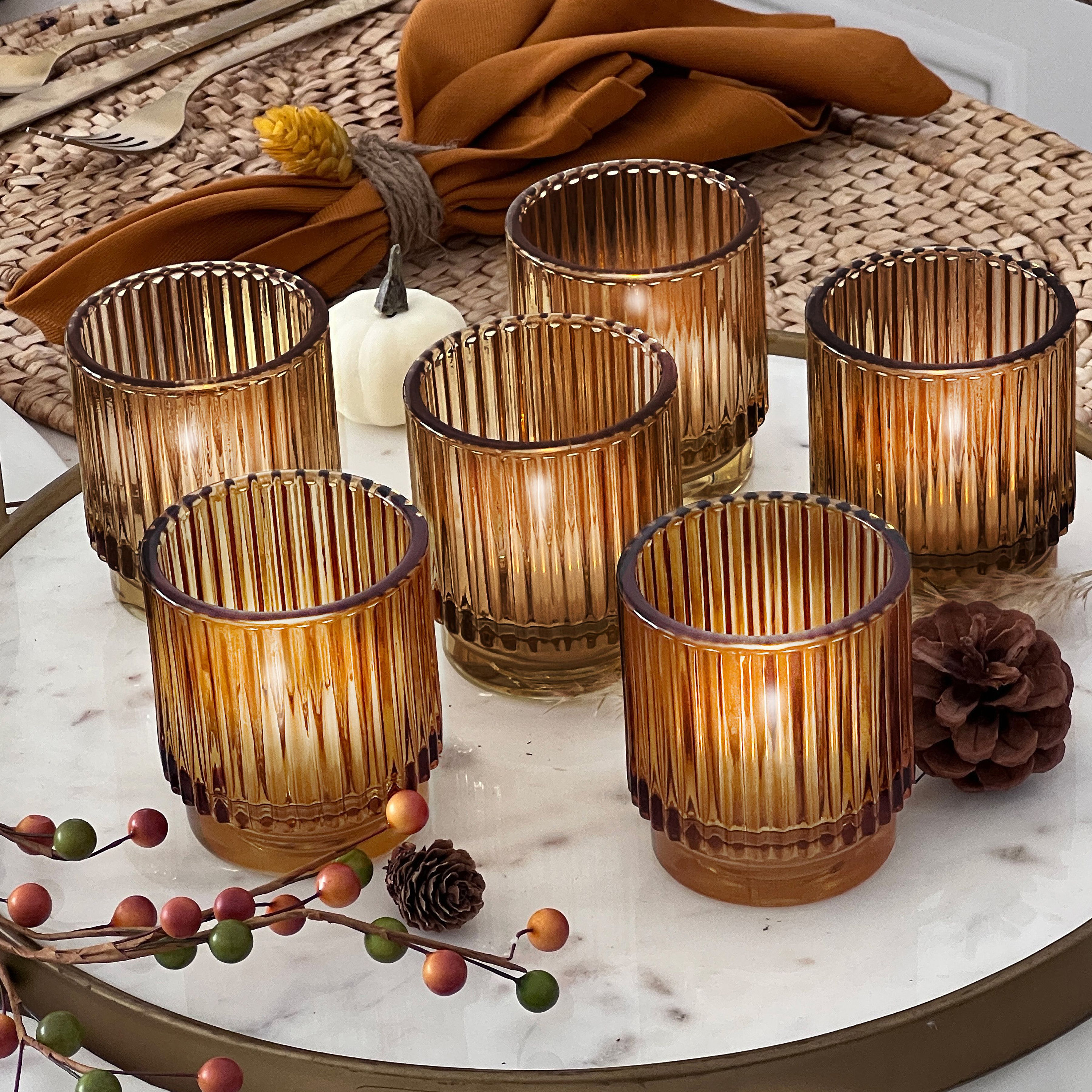 Amber Candle Holders - Set of 6 - Ribbed Glass Tealight Holder Wedding