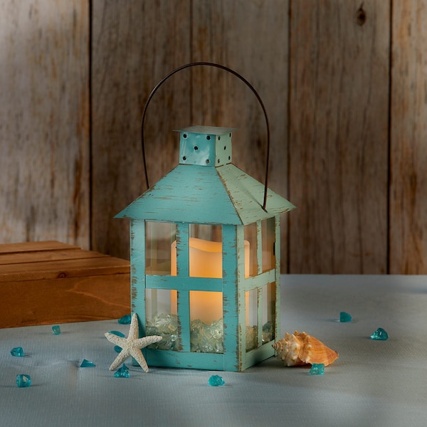 Blue Lantern Centerpiece - Wedding Bridal Shower Vintage Style Seaside Beach Rustic Distressed Candle Holder Table Decor - 4 Sizes