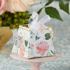 Tea Party Favors Boxes - Set of 24 - Pink Green Floral Teapot - Wedding Bridal Tea Shower Birthday Baby Shower - Candy Holders - MW36947