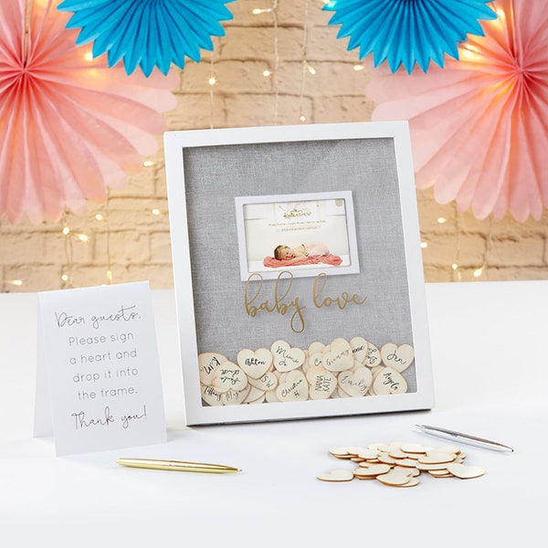 Baby Shower Signature Sign - Baby Love Frame with Wooden Hearts - Guest Book Alternative - MW37128