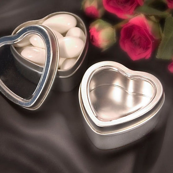 Heart Candy Tins - Set of 12 - Wedding Baby Bridal Shower Silver Favor Tins with Clear Top - MW70006