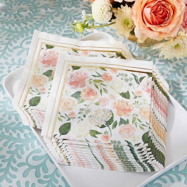 Floral Party Napkins - Set of 30 - Pink Green Gold Paper Napkins - Bridal Shower Baby Shower Tea Party Birthday Party - MW36964