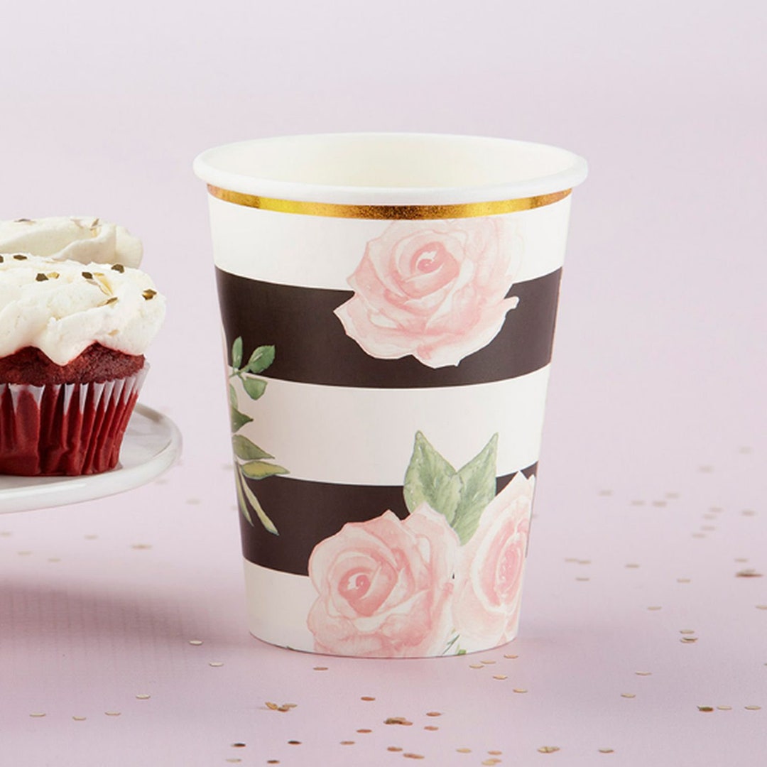 Floral Party Cups Set of 8 Black White Pink Gold Bridal Etsy