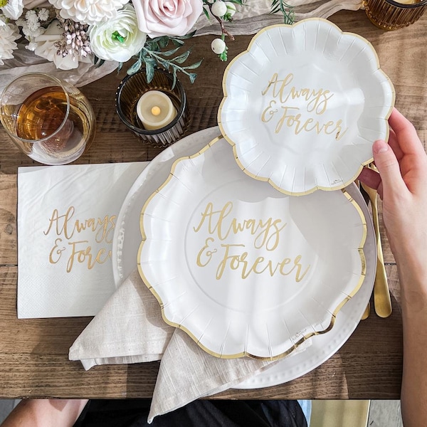 Bridal Shower Plates Napkins - Set of 72 - Always and Forever White Gold Foil Tableware Set - MW37112