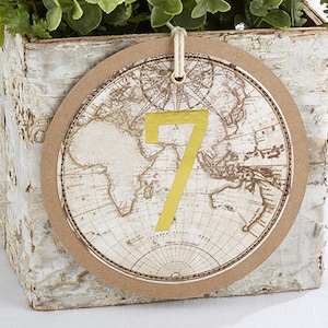 Numéros de table de voyage Cartes de numéros de table de mariage rondes en feuille d'or 1-18 - Carte Adventure World Traveler - Décoration de table suspendue - MW35523