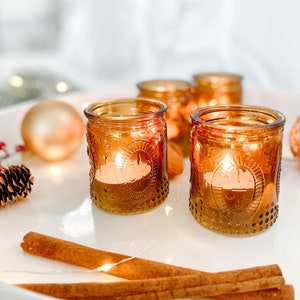 Amber Candle Holders - Set of 4 - Glass Tealight Holder Wedding Reception Decor - MW37040