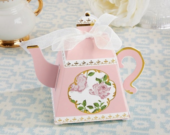 Tea Party Favors Boxes - Set of 24 - Pink Gold Floral Teapot - Wedding Bridal Tea Shower Birthday Baby Shower - Candy Holders - MW36673