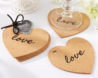 Heart Cork Coasters - Set of 4 - Wedding Bridal Shower Engagement Party Favors - LOVE Heart Shaped Party Decorations - MW30640