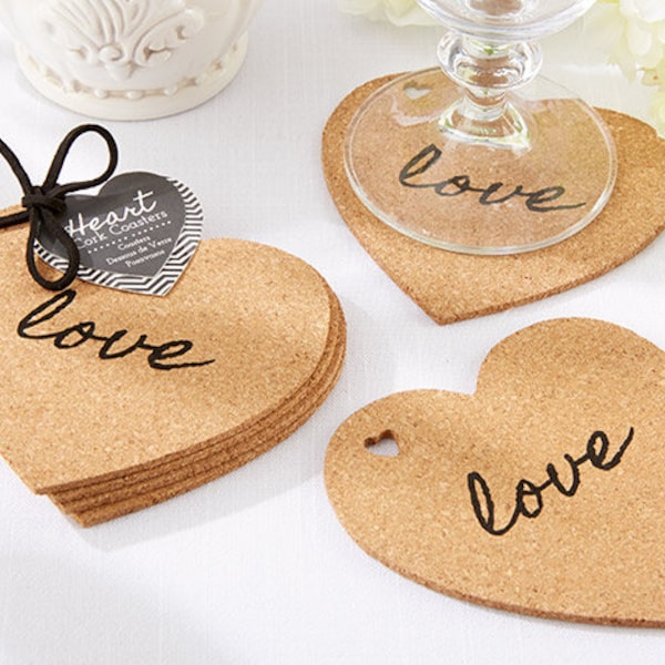 Heart Cork Coasters - Set of 4 - Wedding Bridal Shower Engagement Party Favors - LOVE Heart Shaped Party Decorations - MW30640