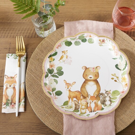 Pink Woodland Paper Plates Napkins Floral Rustic Animals Baby