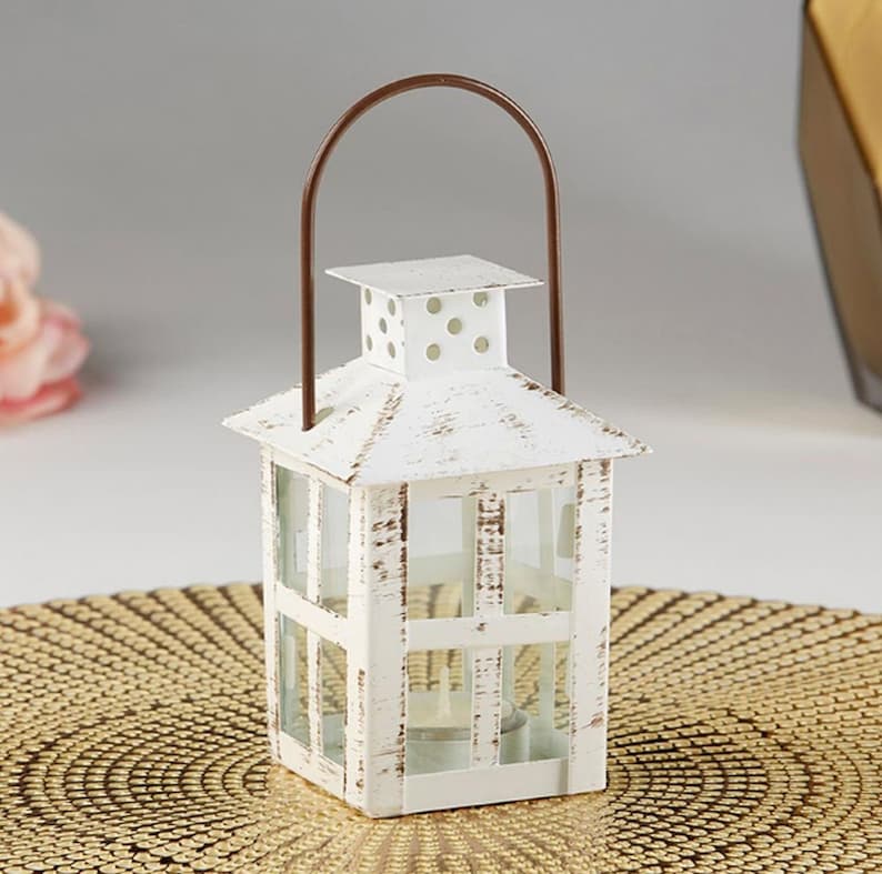 Wedding Bridal Shower Vintage Style Rustic Distressed Candle Holder Table Decor MW36904 Small White Lantern Centerpiece