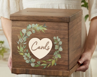 Wedding Card Box - Rustic Brown Floral Wood Design Greeting Card Box for Reception Gift Table - MW37080