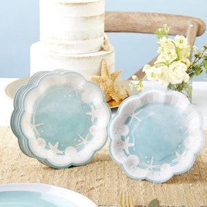 Beach Dessert Plates - Set of 16 - 7" Blue Seashell Wedding Bridal Shower Baby Shower Paper Plates - Cake Appetizers - MW37020