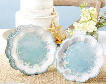 Beach Dessert Plates - Set of 16 - 7&quot; Blue Seashell Wedding Bridal Shower Baby Shower Paper Plates - Cake Appetizers - MW37020