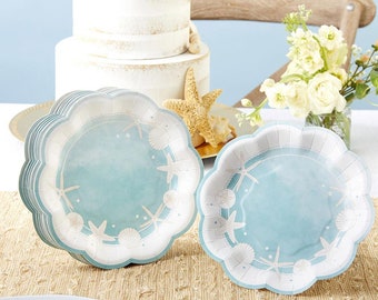 Beach Dessert Plates - Set of 16 - 7" Blue Seashell Wedding Bridal Shower Baby Shower Paper Plates - Cake Appetizers - MW37020