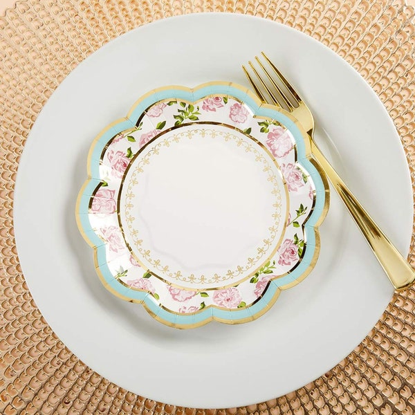 Blue Floral Dessert Plates - Set of 16 - 7" Blue Gold Paper Plates - Bridal Shower Baby Shower Tea Party Birthday Party - MW36950