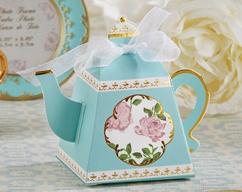 Tea Party Favors Boxes - Set of 24 - Blue Gold Floral Teapot - Wedding Bridal Tea Shower Birthday Baby Shower - Candy Holders - MW35849