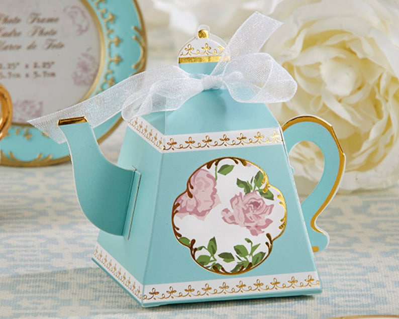 Tea Party Favors Boxes Set of 24 Blue Gold Floral Teapot Etsy