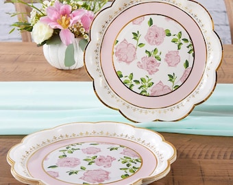 Pink Floral Paper Plates with Gold Foil – Set of 16 - MW36672