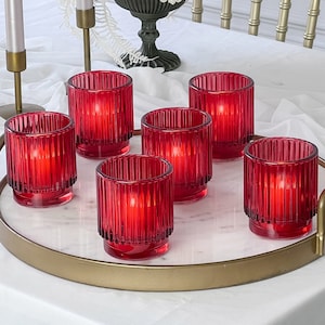 Red Candle Holders - Set of 6 - Ribbed Glass Tealight Holder Wedding Reception Decor - MW37103