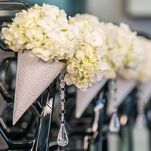 Wedding Flower Cones - Set of 4 - Metal with Embossed Rose Pattern - Ceremony Aisle Chairs Pews - Bouquets Church Decorations - MW16290