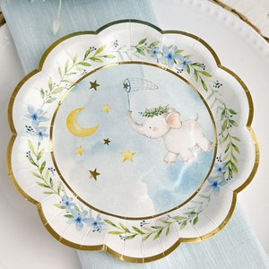 Blue Elephant Plates - Set of 16 - 7" Dessert Size Baby Shower or Birthday Party Tableware - MW37120