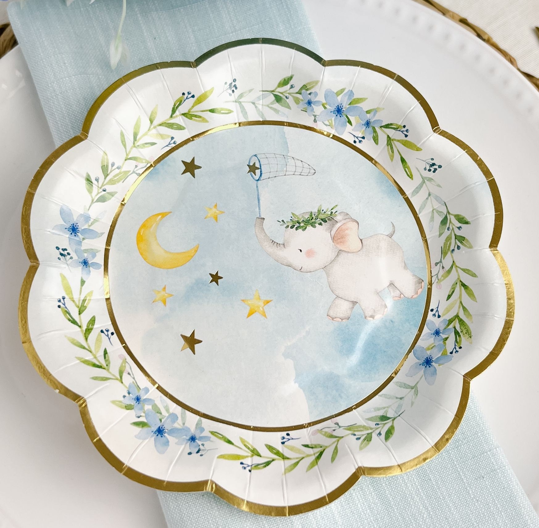 Blue Elephant Plates Set of 16 7 Dessert Size Baby Shower or Birthday Party Tableware MW37120