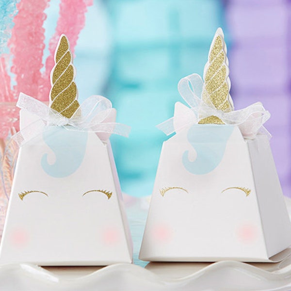 Unicorn Favor Boxes - Set of 12 - Enchanted Birthday Party Favors Candy Boxes - White Gold Glitter - MW36803