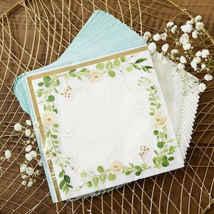 Botanical Party Napkins - Set of 30 - Green White Gold Floral Paper Napkins - Bridal Shower Baby Shower Tea Party Birthday Party - MW37001