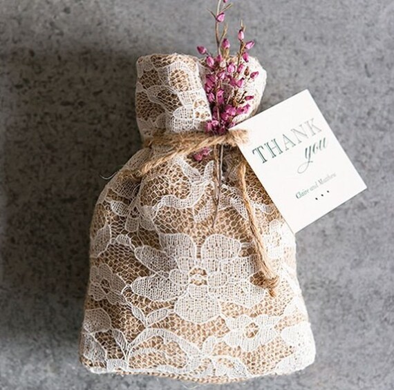 Hessian & Mint Green Lace Wedding Favour Bags Lined Shabby Chic Personalised 