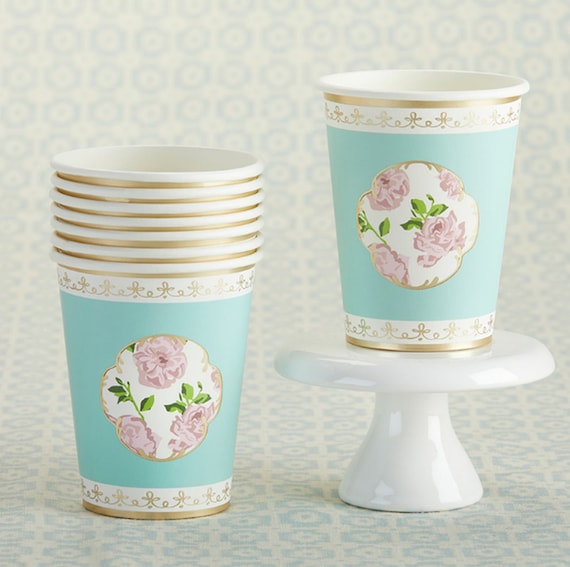 8 Pink Green Floral Paper Cups for Baby Shower Bridal Shower Tea Party MW36941