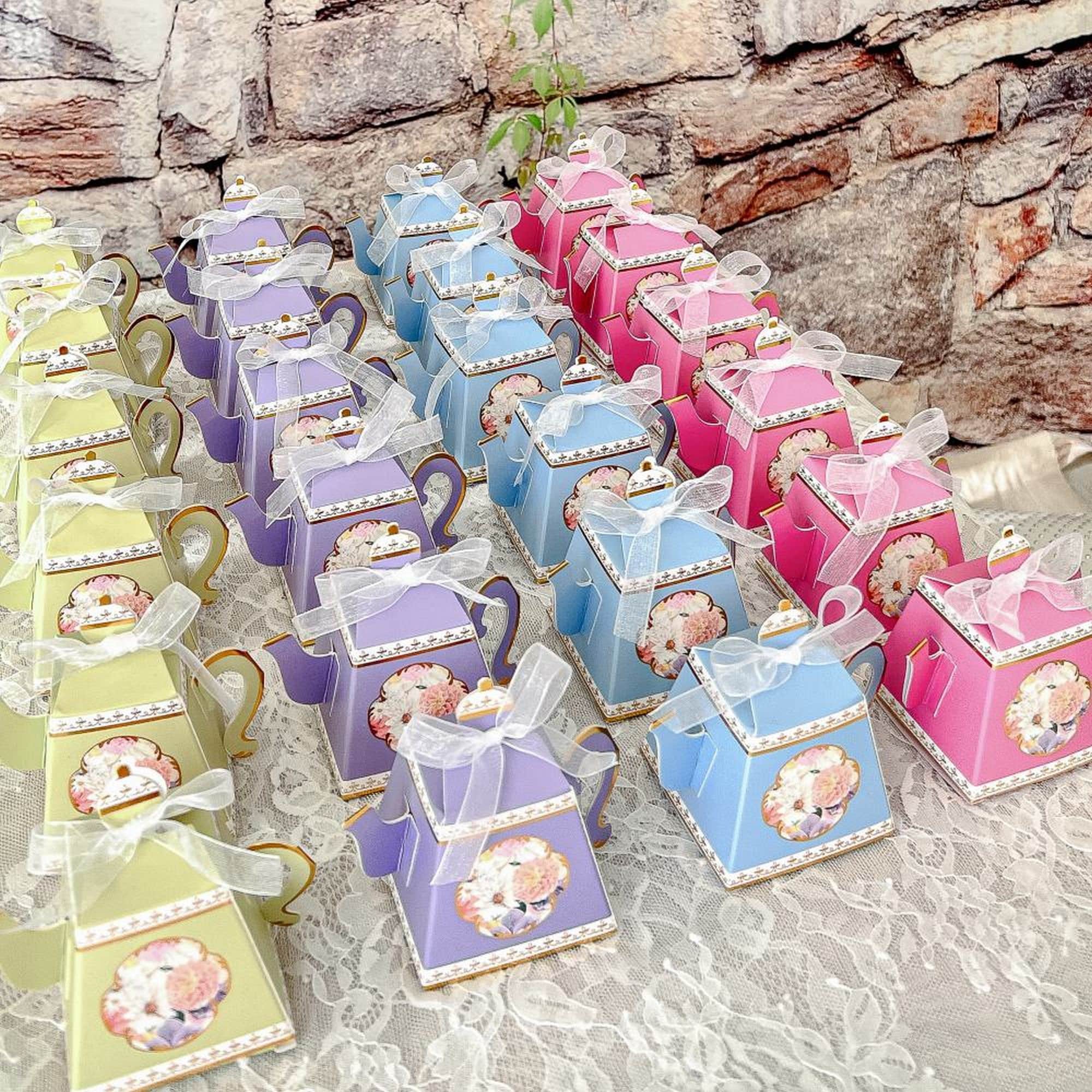 Tea Party Favors Boxes - Set of 24 - Teapot Pink Lavender Blue Green - Wedding Bridal Tea Shower Birthday Baby Shower - MW37109