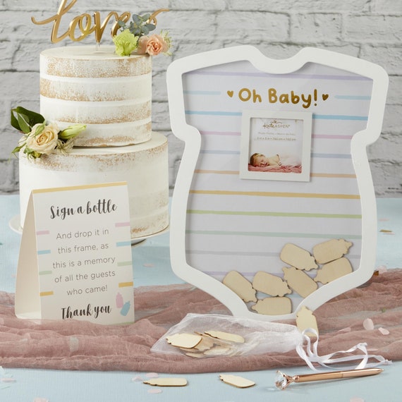 Baby Shower Signature Sign Onesie Frame With Wooden Bottles