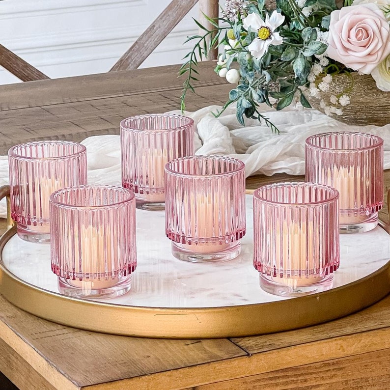 Pink Candle Holders Set of 6 Ribbed Glass Tealight Holder Etsy