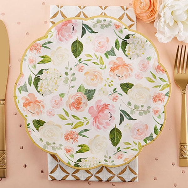 Floral Party Plates - Set of 16 - 9" Pink Green Gold Bridal Shower Baby Shower Paper Plates - Cake Reception Luncheon Dinner - MW36866