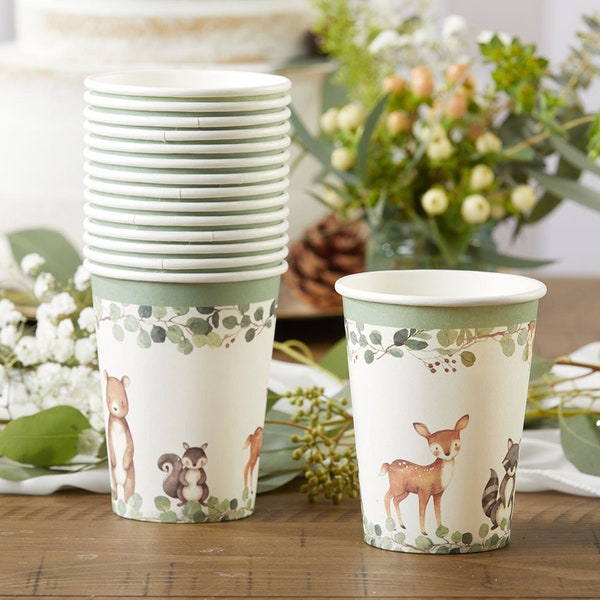 Woodland Paper Cups - Set of 16 - Rustic Animals Baby Shower Party Cups - MW37015