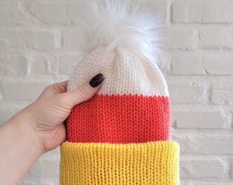 Candy Corn Fall Halloween Adult Beanie with Faux Fur Pompom