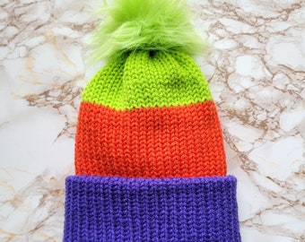 Monster Mash Halloween Adult Beanie with Faux Fur Pompom